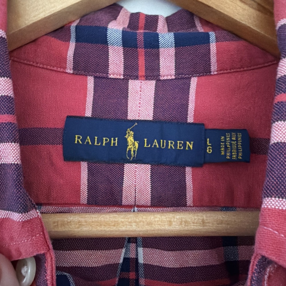Ralph Lauren Red Blue Plaid L Oxford Shirt Button Up Short Sleeve Preppy Classic - Picture 3 of 7